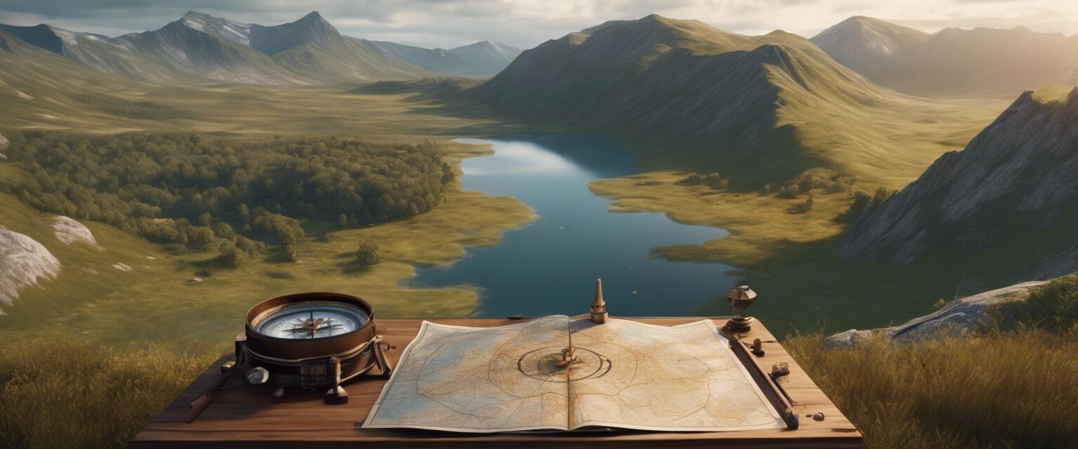 A map and compass on a lookout point over scenic terrain