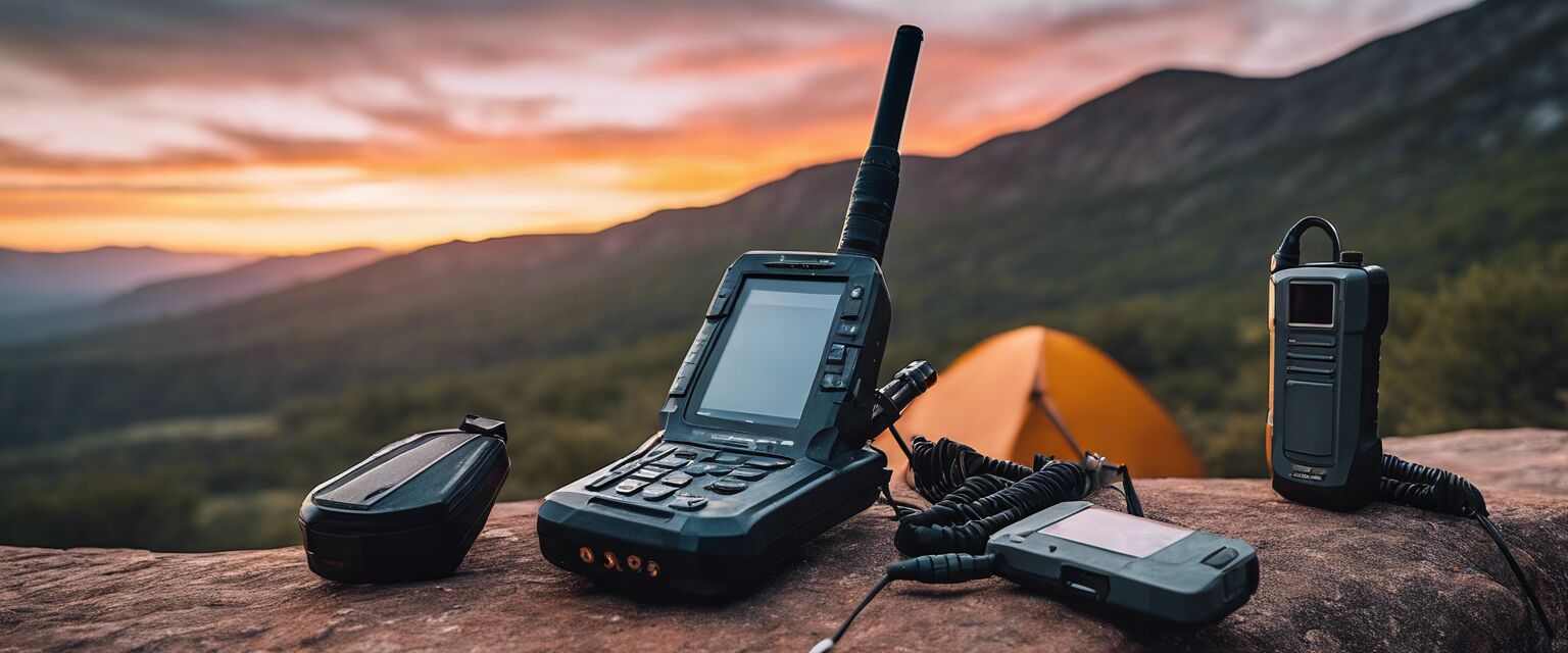 Satellite phone setup on rock surface